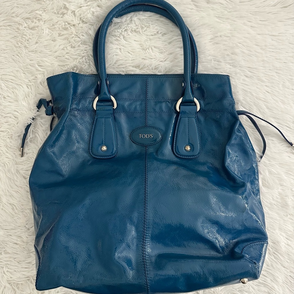 Tod’s Patent Leather Blue Drawstring Tote‎ Bag